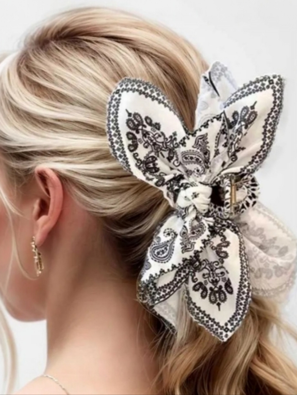 Large Black and White Paisley Bandana Print Hair Claw